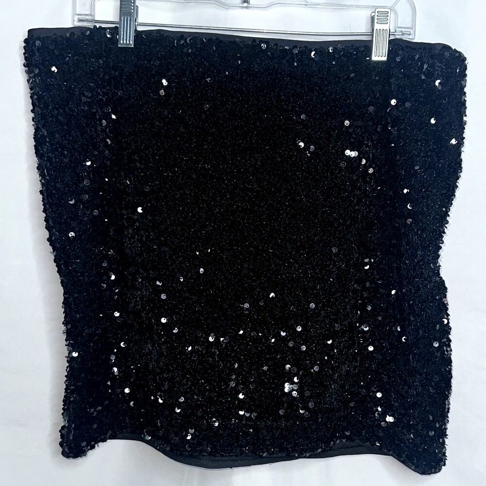 H&M Black Sequin Mini Skirt Women's Size 16 Side Zipper Straight Stretch NWT